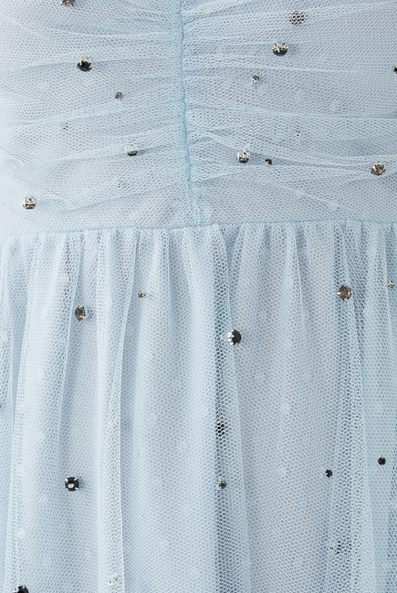Crystal-Embellished Ruched Tulle Midi Dress